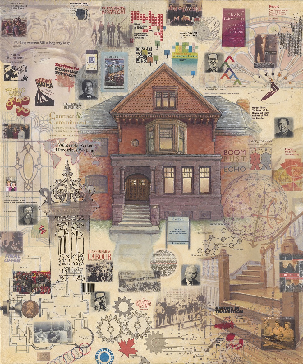 Painting of 121 St George St surrounded by photographs, book covers and architectural details