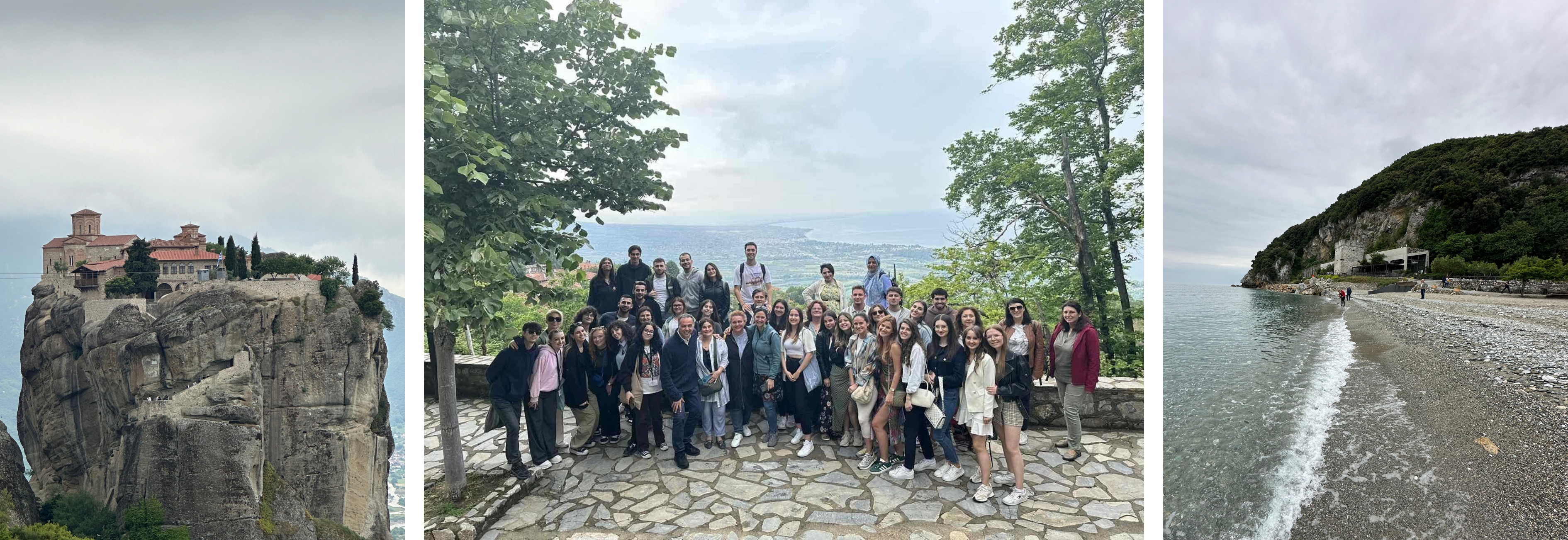 Left to Right: Monastery atop Meteora, participants in the Exchange Program, and the Aegean Sea