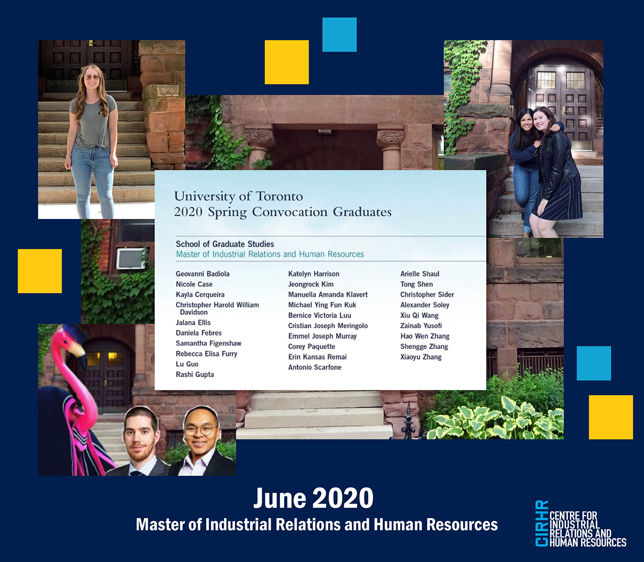 Collage showing members of the graduating class in front of the CIRHR