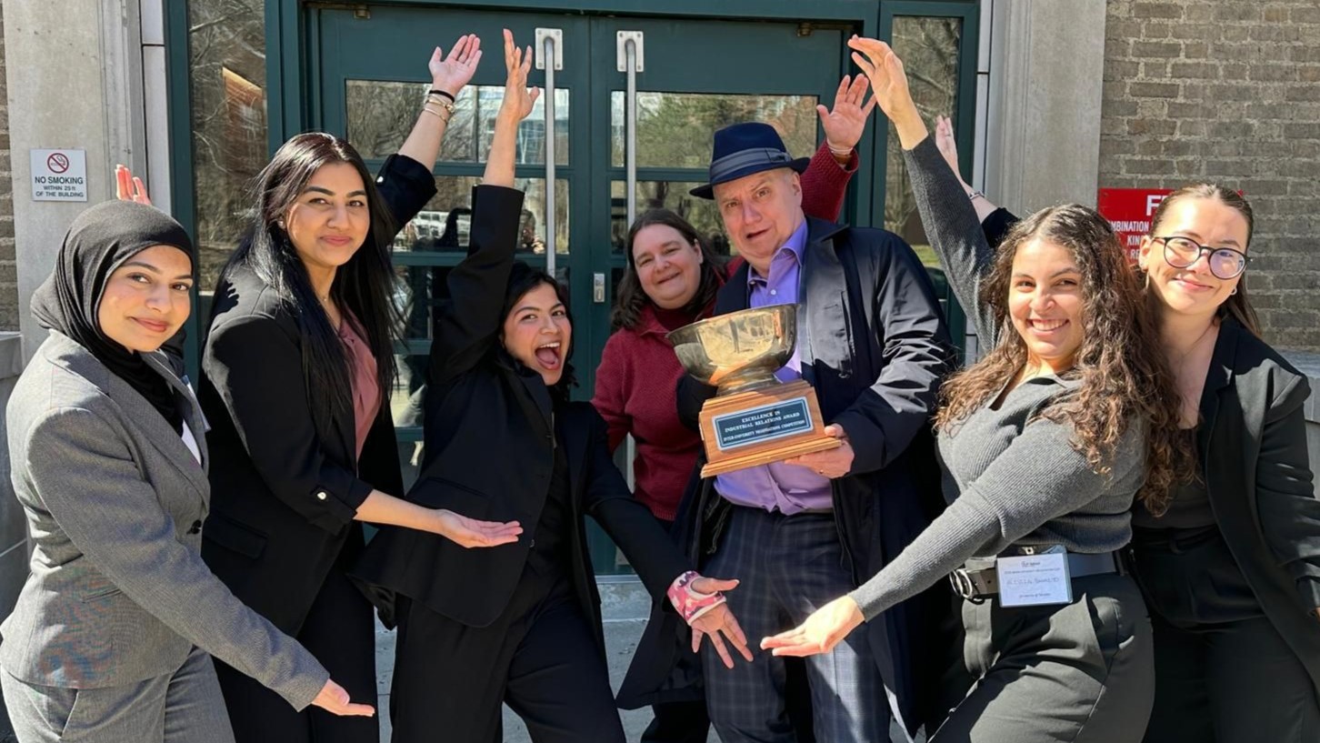 U of T's winning Negotiation Competition team, Aneeza Farooqui, Sadhana Koganti, Shahbano Rao, Alissia Sannuto, Fotini Sioukas  and Manda Vrkljan with instructor Bob Thompson