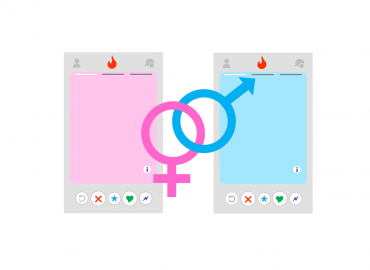illustration of dating app interfaces superimposed with male- and female symbols