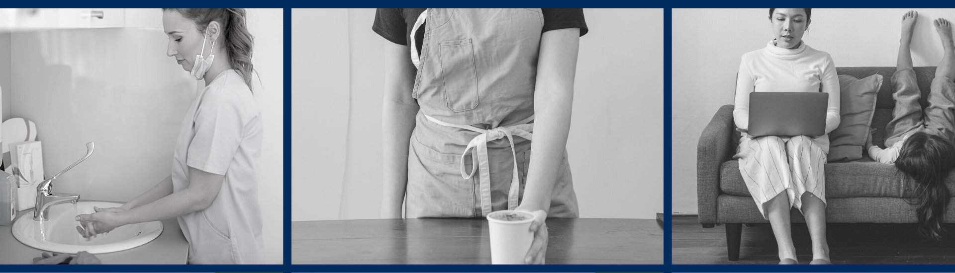 Collage photos of a nurse washing her hands, a barista serving coffee, and a mother working remotely at home alongside her daughter